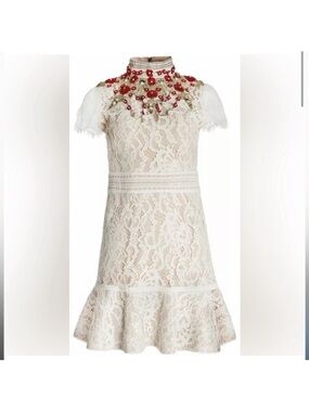 Alice + Olivia white lace red flowers dress, 10, pre-owned